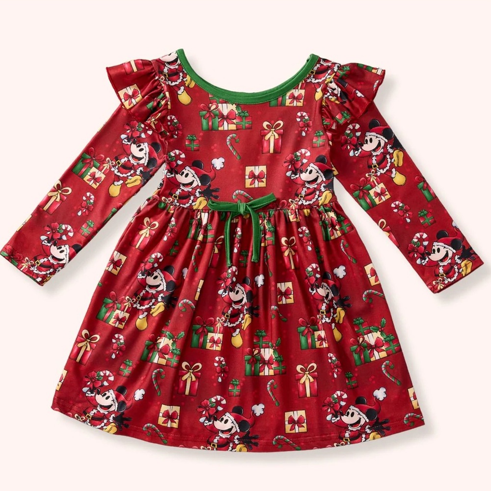 Red Holiday Dress with Mickey Cartoon Print
